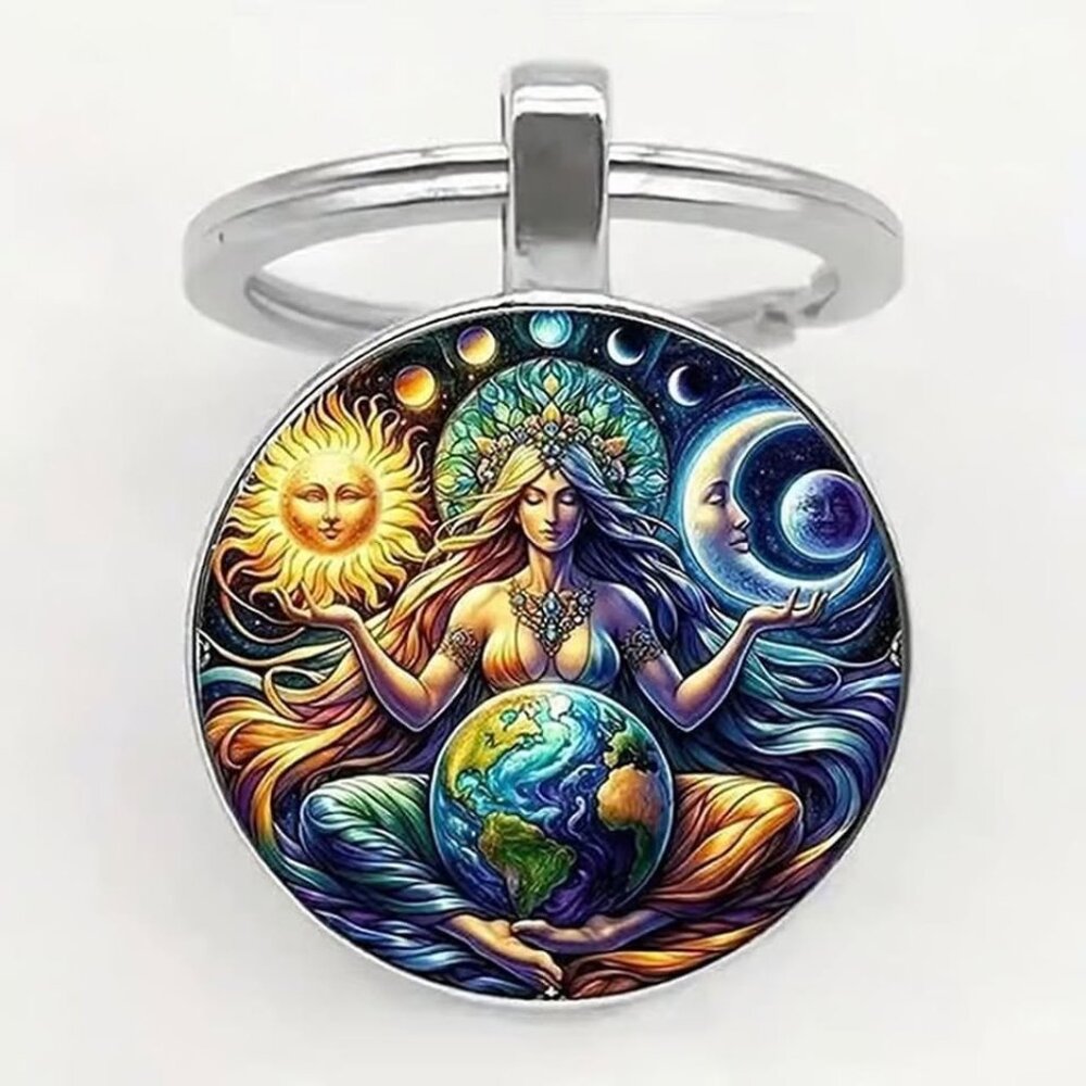 Stainless Steel Celestial Sun Moon Earth Keyring Keychain Accessory